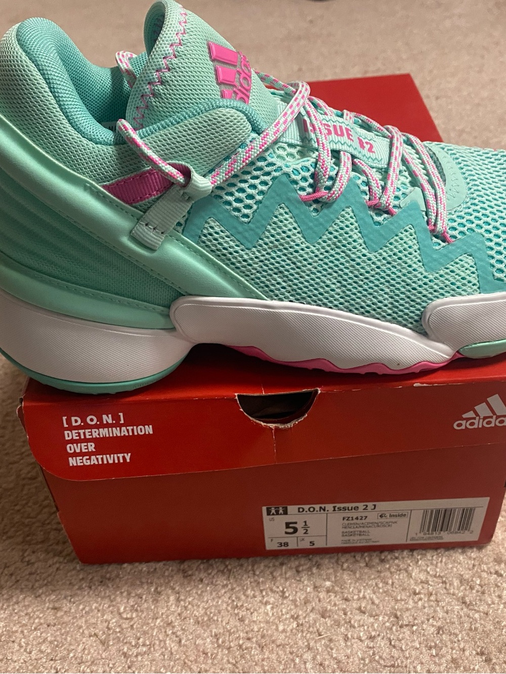 adidas Kids D.O.N. Issue 2 Sneakers Shoes in Mint with Pink Accents 5.5/7/38
